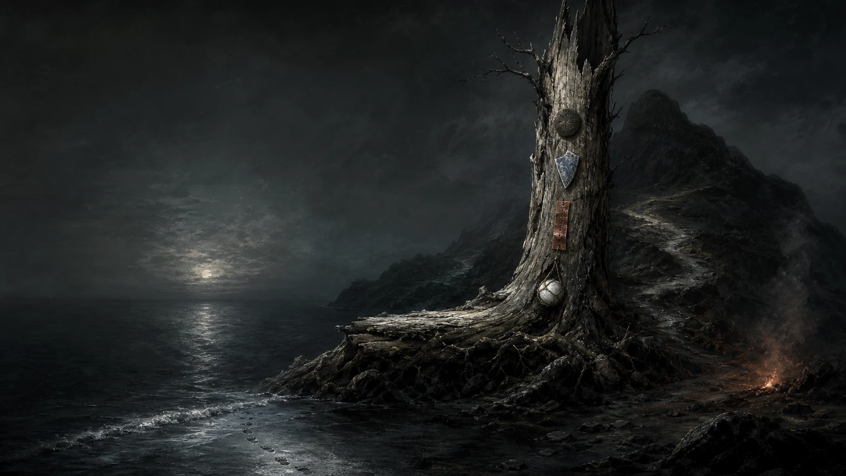 A lightning-split tree above a black shore, holding four weathered relics